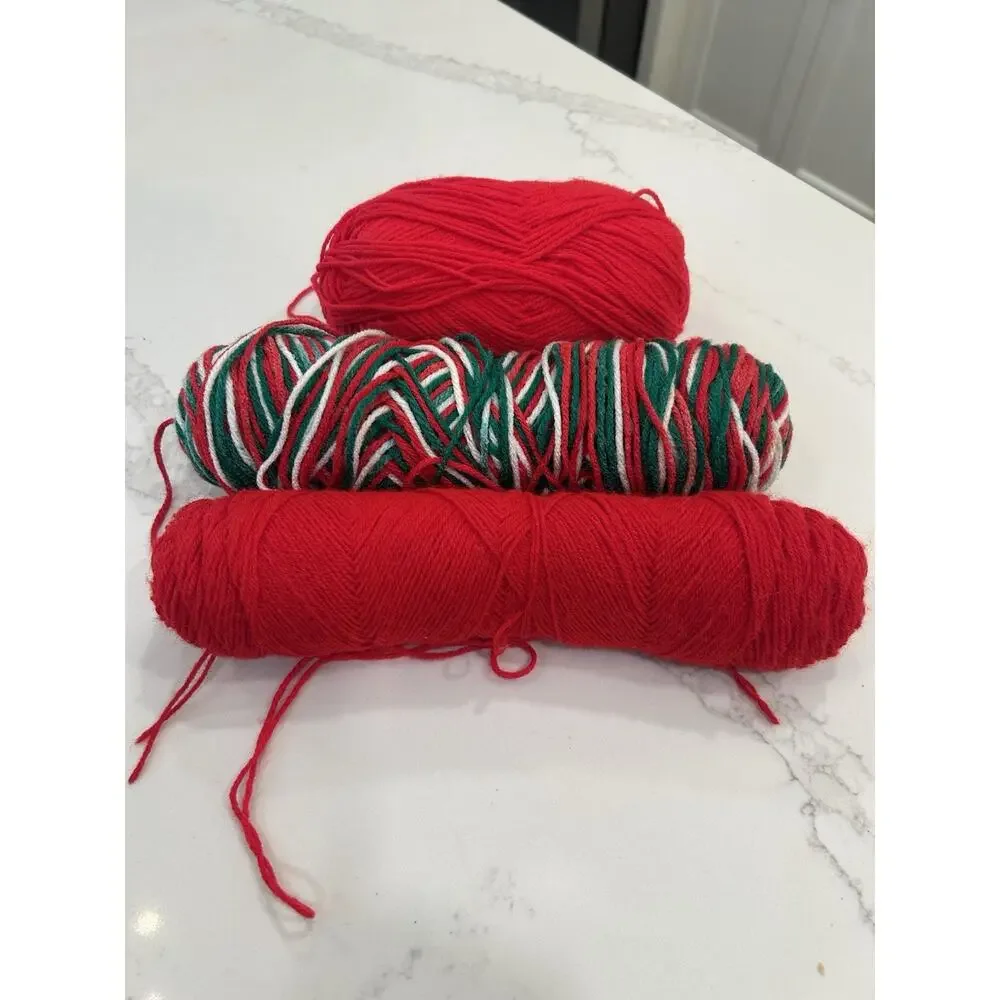 Vtg Lot Of 3 Yarn Skein 2 Red 1 Christmas Color 9oz- Acrylic Blend? Merino wool?